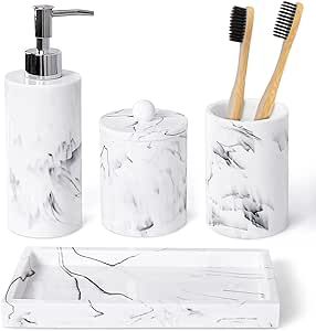 Haturi Bathroom Accessory Set, 4 Pcs Marble Look Bathroom Accessories Sets Complete With Soap Dispenser, Toothbrush Holder, Apothecary Jar, Tray, Home Apartment Modern Bathroom Decor Vanity Countertop