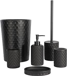 zccz Bathroom Accessory Set, 6 Piece Black Bathroom Accessories Set with Trash Can, Toothbrush Holder, Toothbrush Cup, Soap Dispenser, Soap Dish, Toilet Brush with Holder, Trash Can, Black