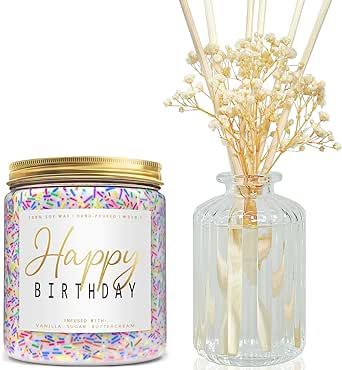 Happy Birthday Candle - 6.4 oz Cashmere Vanilla Scented Diffuser with Sticks Preserved Real Flower Reed Diffuser