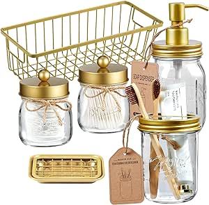 Premium Mason Jar Bathroom Accessories Set (6PCS) - Lotion Soap Dispenser,Toothbrush Holder,2 Apothecary Jars, Soap Dish Tray,Storage Organizer Basket Bin - Rustic Farmhouse Home Decor (Gold)