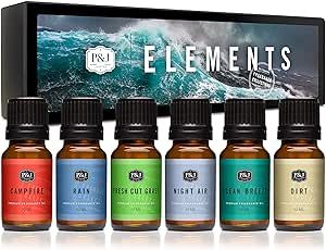 P&J Fragrance Oil Elements Set | Campfire, Night Air, Ocean Breeze, Dirt, Rain, Fresh Cut Grass Candle Scents for Candle Making, Freshie Scents, Soap Making Supplies