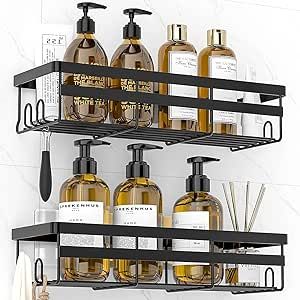 WOWBOX Shower Caddy Shelf Organizer, 2 Pack Adhesive Black Bathroom Accessories, Save Space with Hooks, Toiletries Organization And Storage Stainless No Drilling Shower Shelves